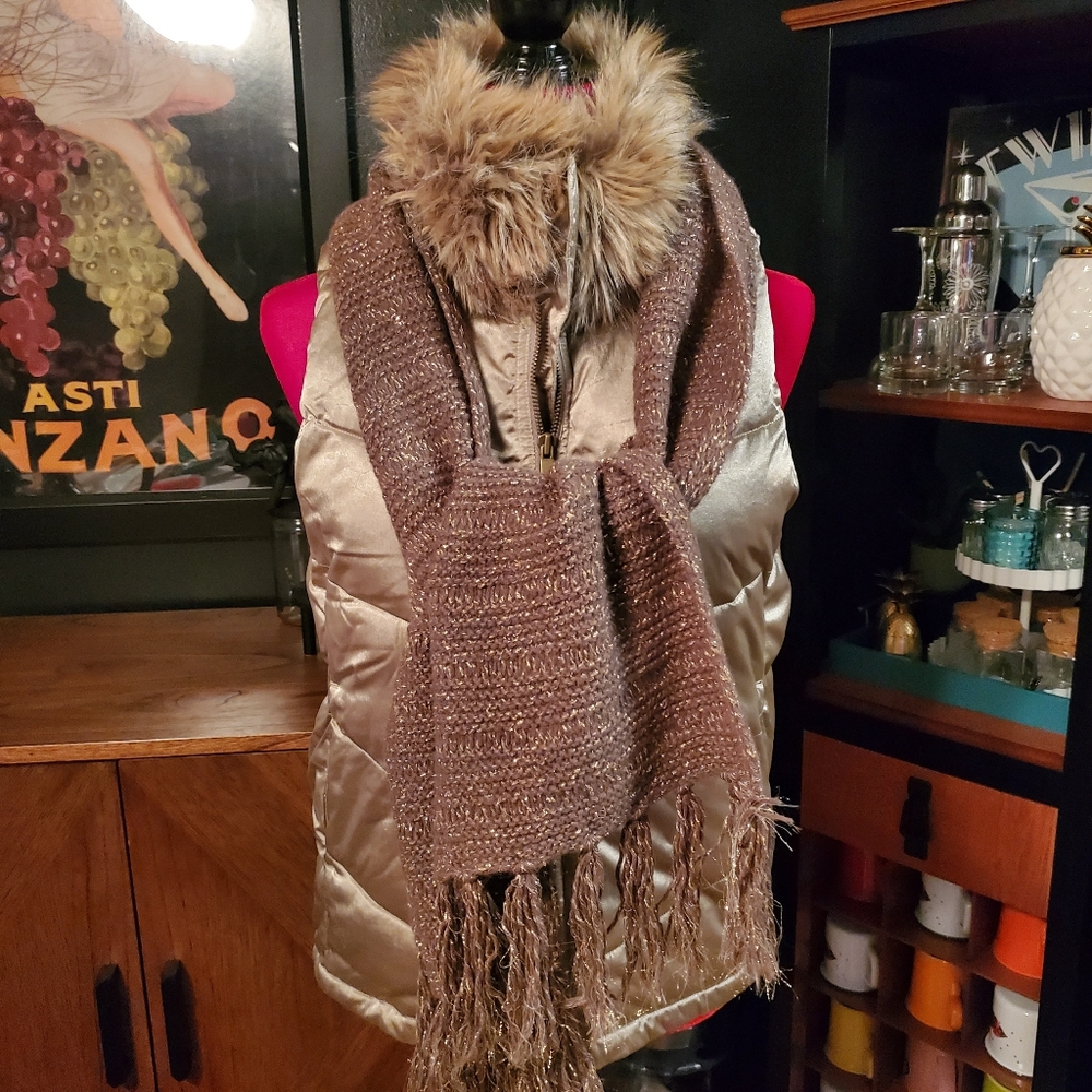 Metallic Gold Puffer Vest with Fur Collar and Matching Scarf